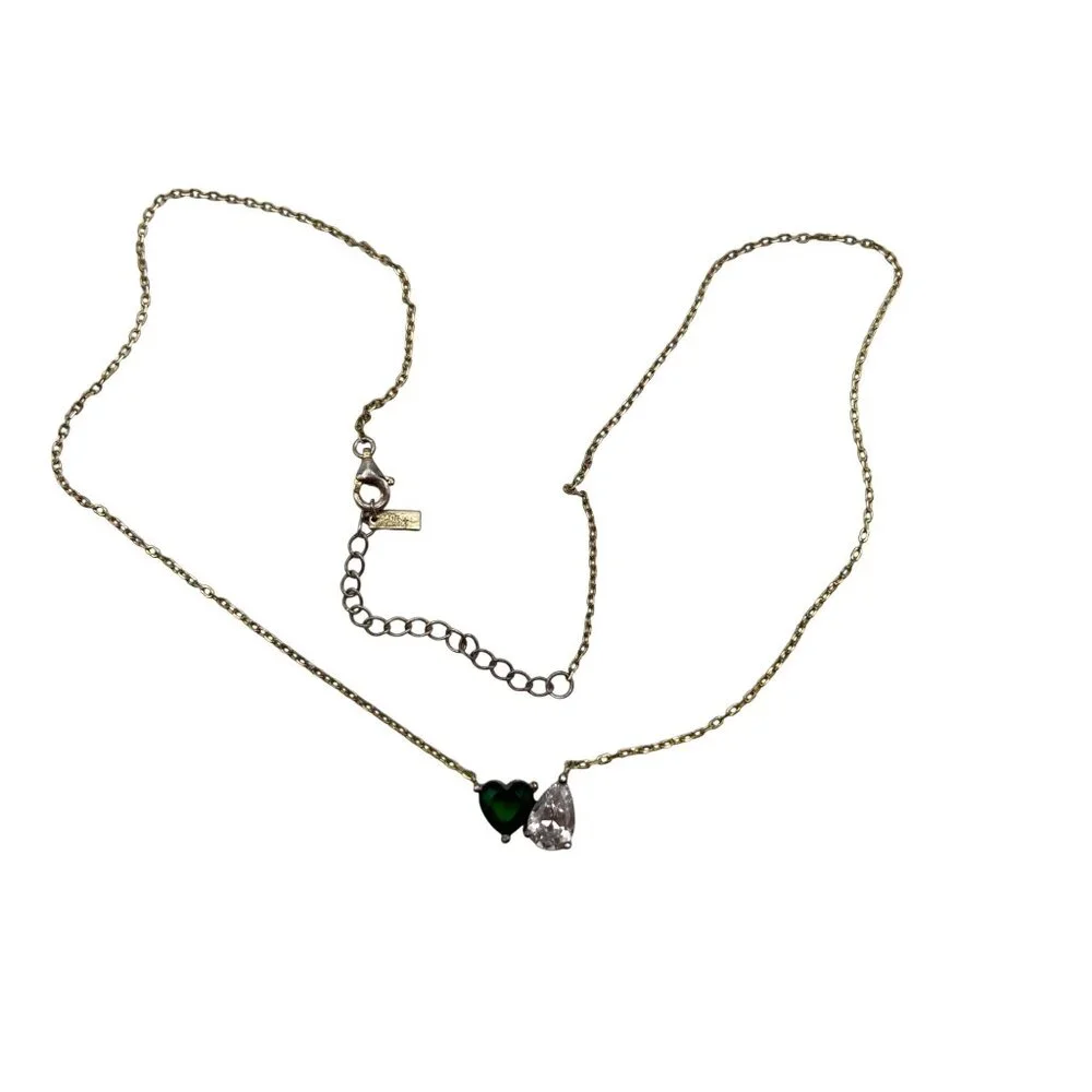 Adinas Jewels Sterling Silver Vermeil Necklace Green Toi et Moi Pendant 16-18" - Picture 3 of 14